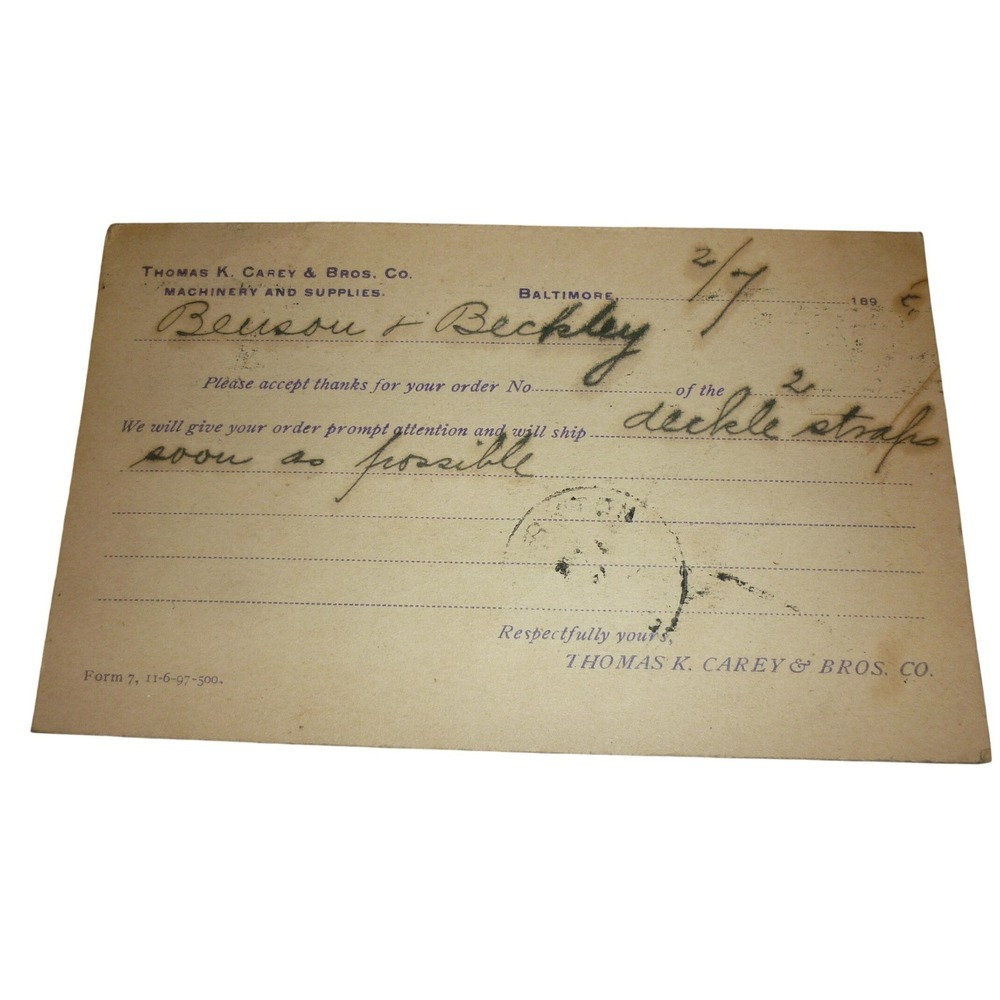 1897 Baltimore MD Machinery Supply Postal Card Thomas K Carey‎ Deckle Straps Art